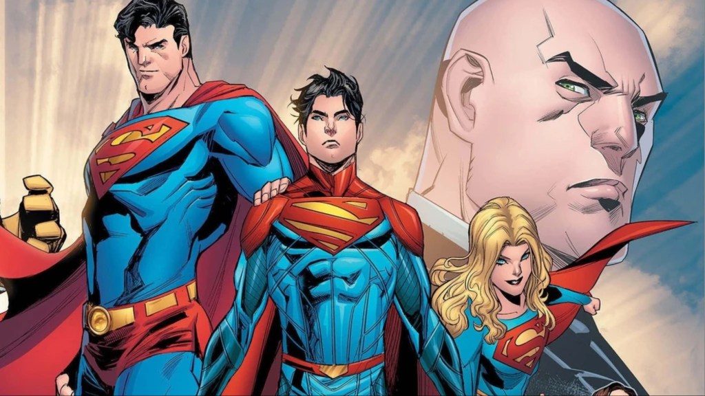 Superman, Jon Kent, and Supergirl, with Lex Luthor looking over them