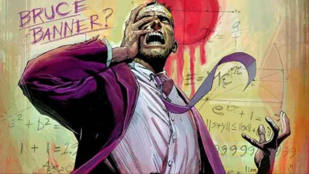 Bruce Banner holding his eye in front of a wall with his name and math equations on it