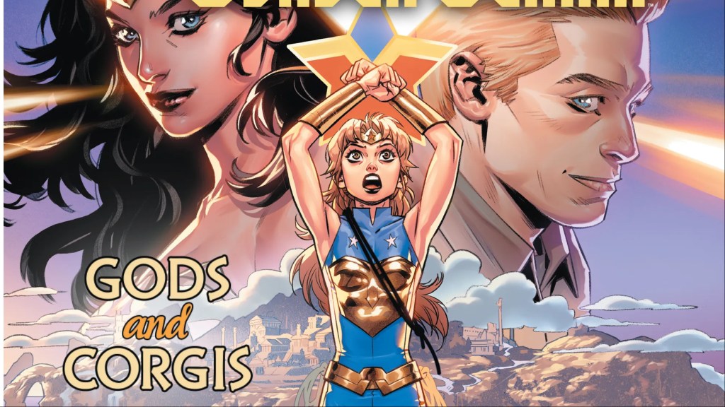 Trinity with her hands up in an x with Wonder Woman and Steve Trevor's head over her shoulders