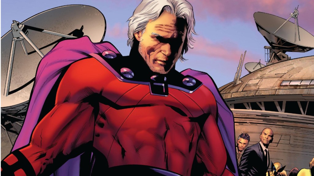 Magneto dealing in front of Cyclops while the X-Men look on