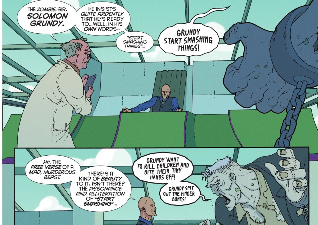 Lex Luthor and Emil Hamilton discuss Luthor's plan to release Solomon Grundy on Metropolis
