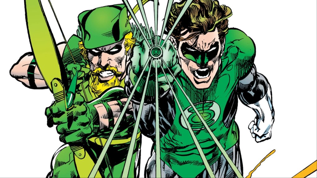 Green Arrow and Green Lantern, side by side, pointing their bow and ring at the viewer
