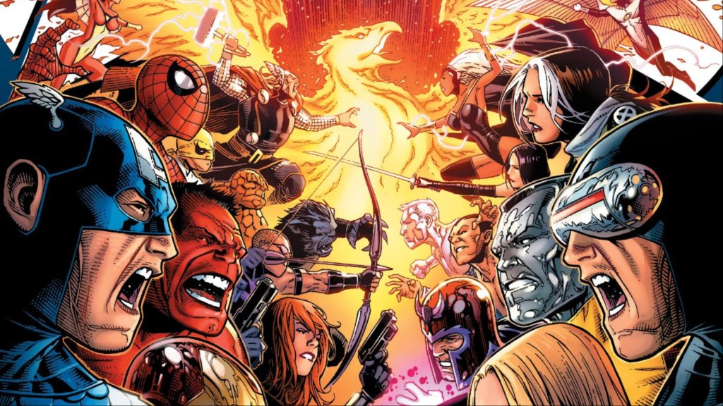 The Avengers clashing with the X-Men with the Phoenix Force behind them