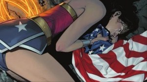 Wonder Woman crying while clutching an American flag