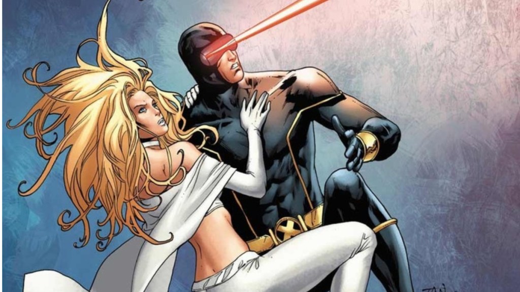 Cyclops and Emma Frost holding each other while Cyclops fires his optic blasts