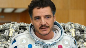 Pedro Pascal as Reed Richards in The Fantastic Four First Steps with stacks of money behind him
